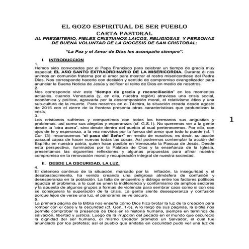 El gozo espiritual de ser pueblo carta pastoral