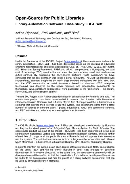 "Open Source for Public Libraries Case Study IBLA Soft Library Automation Software" by Adina Riposan @ eLiberatica 2007