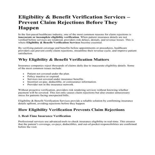 Eligibility & Benefit Verification Services – Prevent Claim Rejections Before...