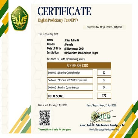 English Proficiency Test (EPT) Score Certificate for University ...