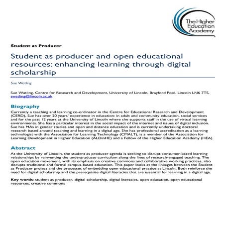 Student as producer and open educational resources: enhancing learning through digital scholarship