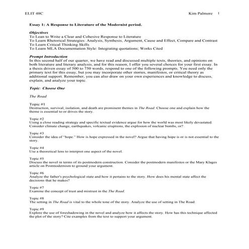 Elit 48 c essay #2 the road