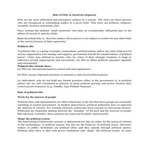 Role of Elite in Social Development