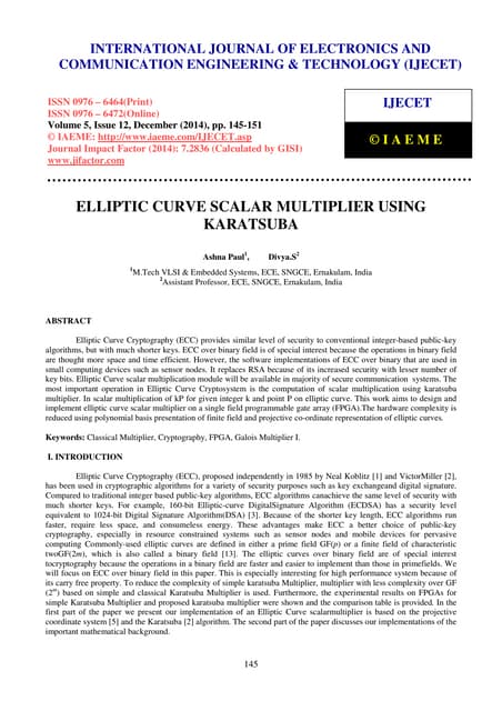 Elliptic curve scalar multiplier using karatsuba
