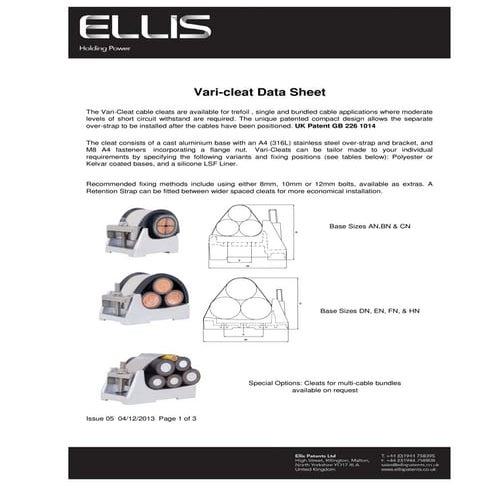 Ellis Patents Vari-Cleat Stainless Steel Cable Cleats Data Sheet