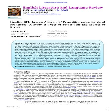 Kurdish EFL Learners? Errors of Preposition across Levels of Proficiency: A S...