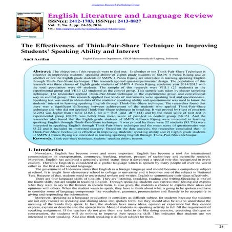 The Effectiveness of Think-Pair-Share Technique in Improving Students? Speaki...