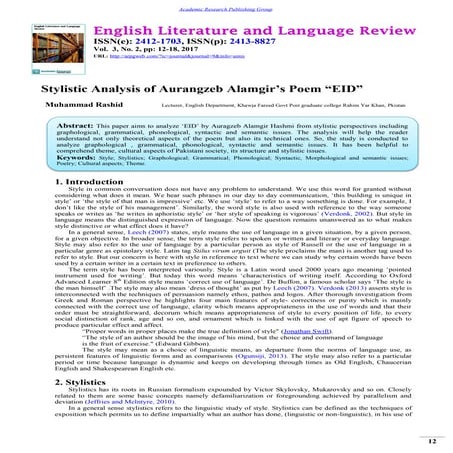 Stylistic Analysis of Aurangzeb Alamgir?s Poem ?EID?