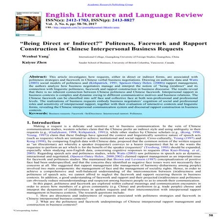?Being Direct or Indirect?? Politeness, Facework and Rapport Construction in ...