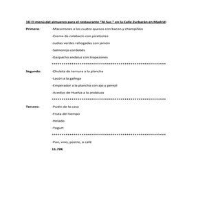 El menú del almuerzo para el restau...