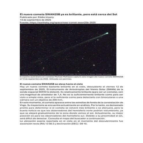 El nuevo cometa SWAN25B ya es brillante, pero está cerca del Sol - earthsky.o...