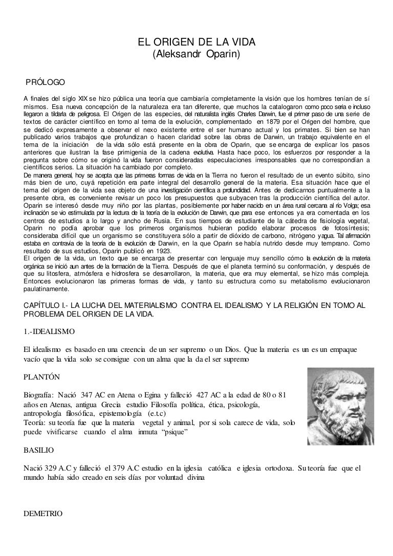 El origen de la vida de oparin completa resumida