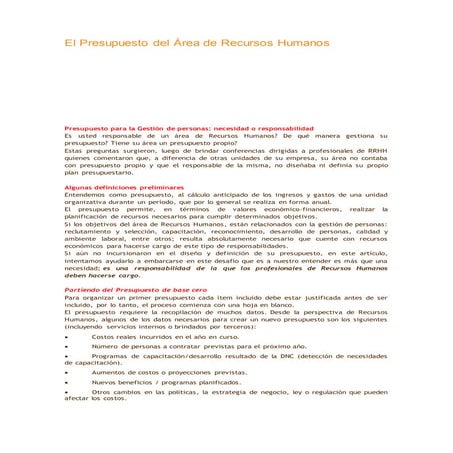 El presupuesto del área de recursos humanos 