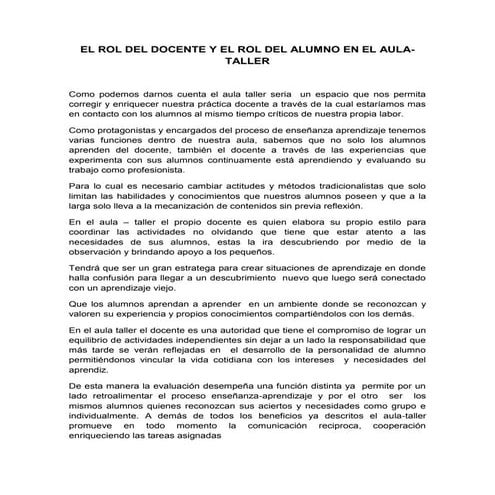 El rol del docente y el el rol del alumno en el aula taller juank | DOCX