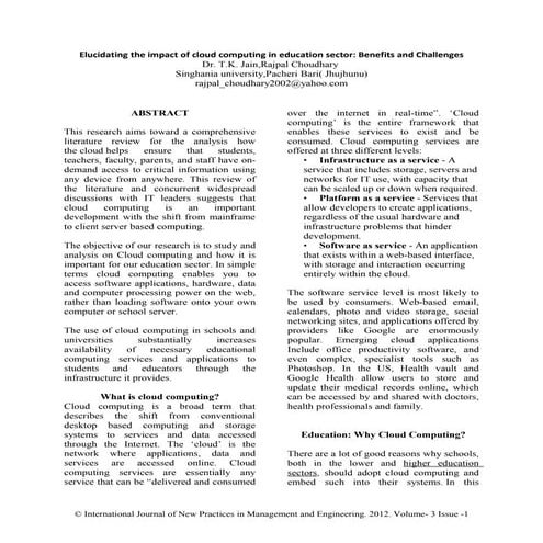 Elucidating the impact of cloud computing in education sector Benefits and Ch...