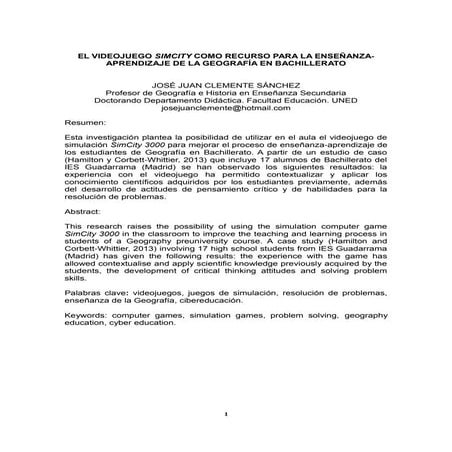 El videojuego sim city como recurso para la enseñanza aprendizaje de la geografía en bachillerato, josé juan clemente sánchez