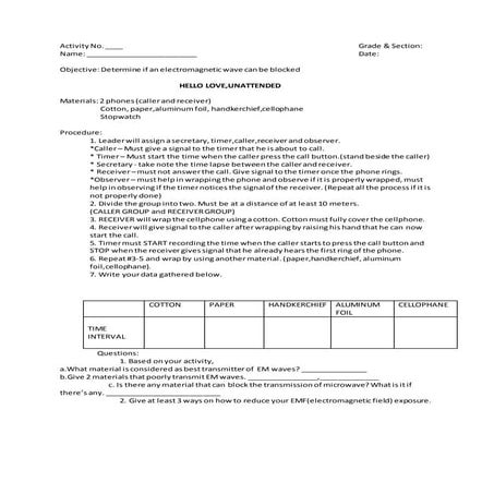 MICROWAVE ACTIVITY SHEET