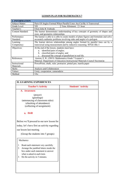 Grade-7 5As Lesson Plan on Pairs of Angles formed by Parallel Lines Cut by a ...