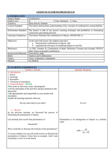 Grade 10 Detailed Lesson Plan on Combination.docx