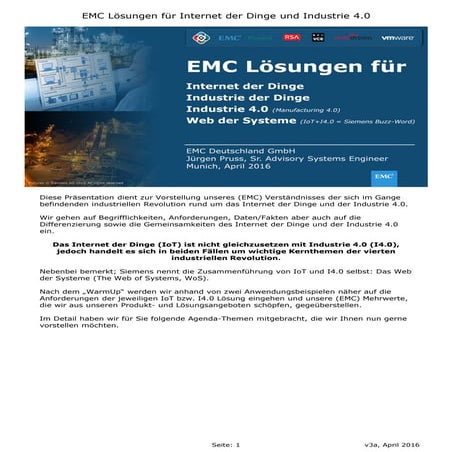 EMC Lösungen für das Internet der Dinge und Industrie 4.0 (Handout DE) <<< OUT OF DATE - NEUE VERSION VERFÜGBAR >>>