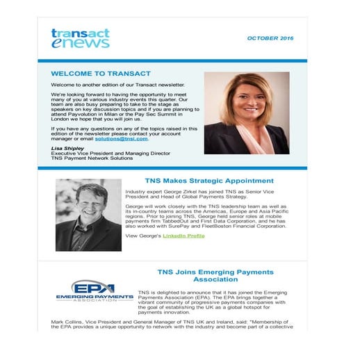 TNS Transact Newsletter - European Edition - October 2016
