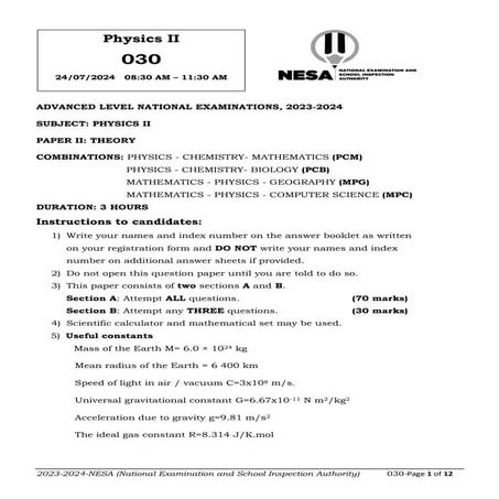Comprehensive Advanced Level Physics II National Exam Paper 2023-2024 | PDF