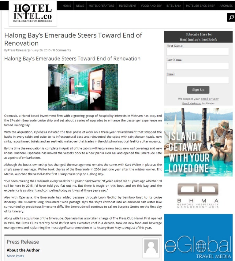 Hotel Intel Magazines Mentions About Best Halong Bay Cruise Emeraude