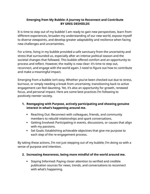 Emerging from My Bubble: A Journey to Reconnect and Contribute