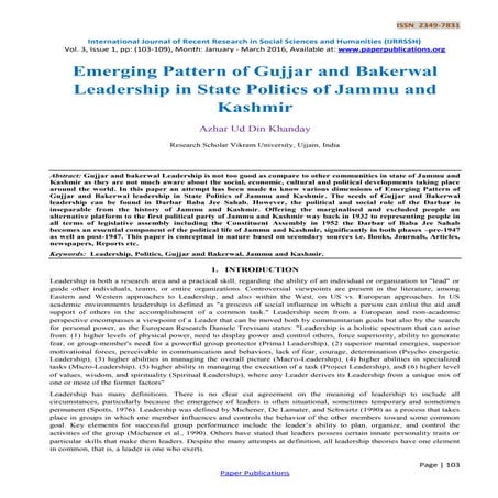 Emerging Pattern of Gujjar and Bakerwal Leadership in State Politics of ...