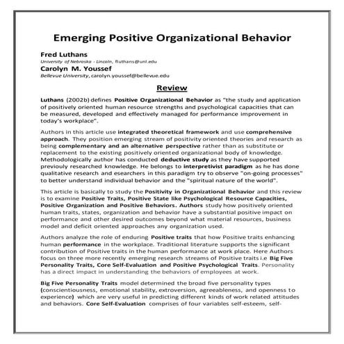 Critical Review of Article Emerging Positive Organizational Behavior