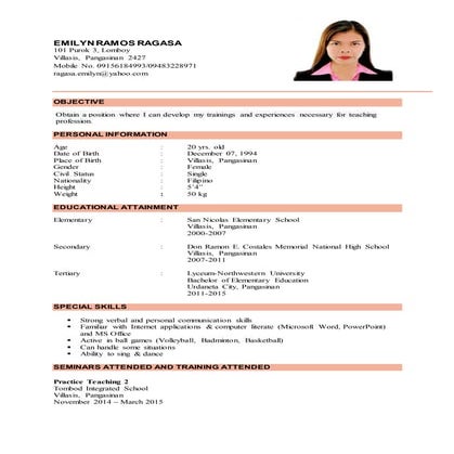 RESUME SAMPLES EMILYN RAGASA