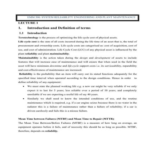 System Reliability Engineering And Plant Maintenance