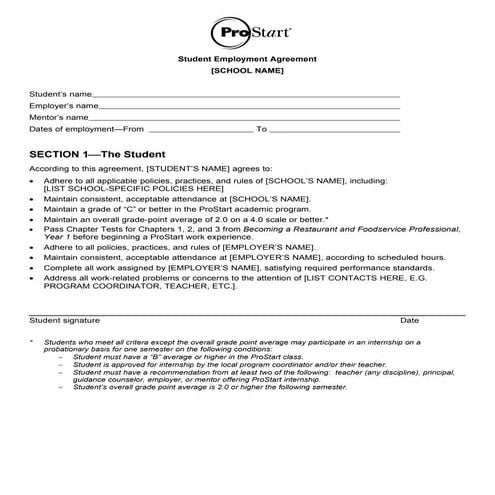 Pro Start Student Workplace Validation Form | DOC