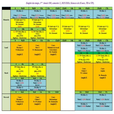 Emploi du Temps Complet pour 1ère Année SM Semestre 2 (2025/2026) | PDF