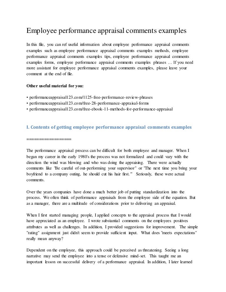 employee performance appraisal comments examples employee performance appraisals examples