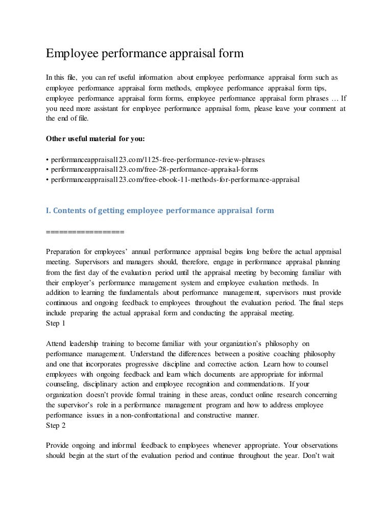 employee performance appraisal form job review examples