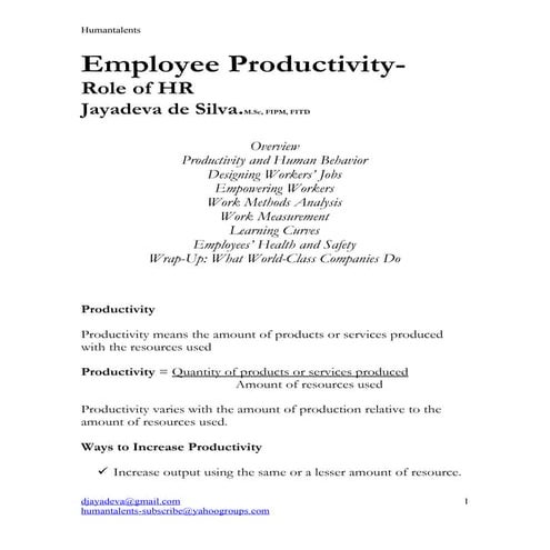 Employee productivity and Role of HR
