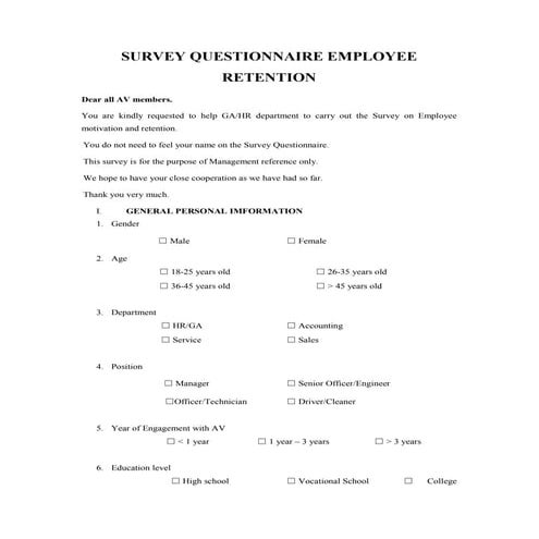 Questionaire of  Employee retention