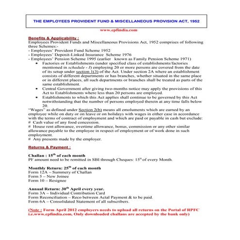 Employee provident fund and miscellaneous act, 1952 | PDF