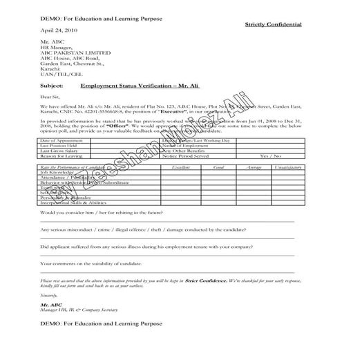 Employement verfication form by zeeshan moiez ali