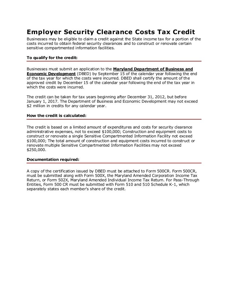Employer Security Clearance Costs Tax Credit