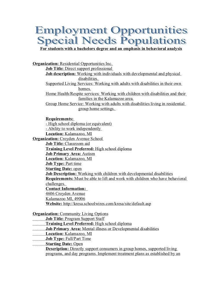 Employment opportunities special needs populations with links to spec…