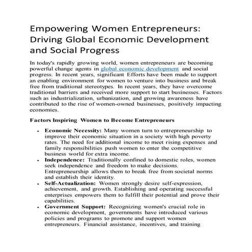 Empowering Women Entrepreneurs: Driving Global Economic Development and Socia...