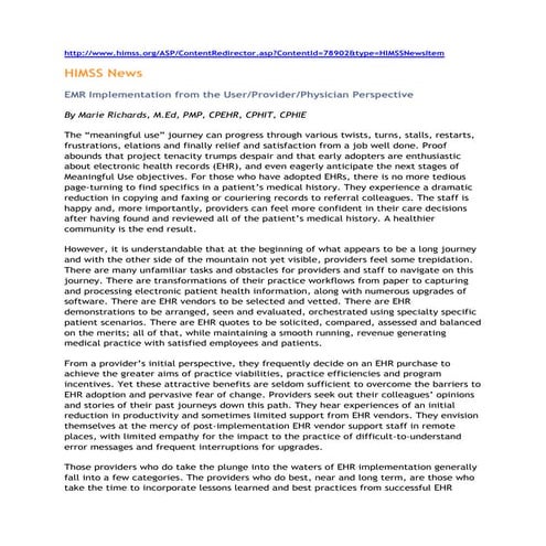 EMR, EHR Implementation From The User.Provider.Physician Perspective