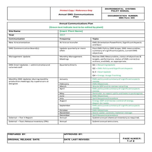 ISO 14001:2015 Annual Communications Plan
