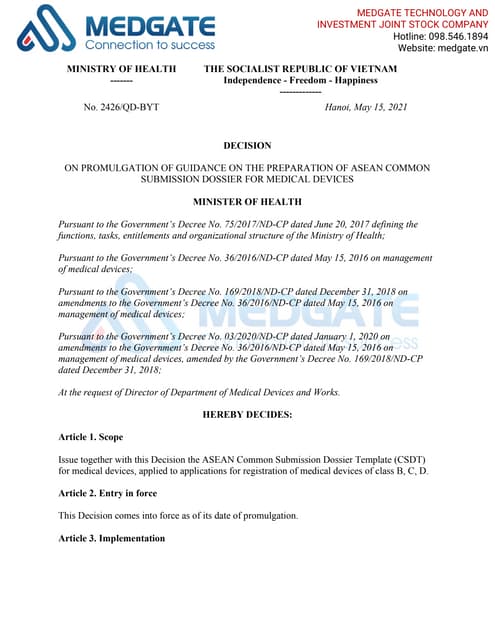 Decision No. 2426/QD-BYT: ON PROMULGATION OF GUIDANCE ON THE PREPARATION OF A...