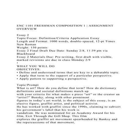 ENC 1101 FRESHMAN COMPOSITION 1 ASSIGNMENT OVERVIEWEssay.docx