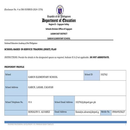 Comprehensive School-Based In-Service Training Plan for Teachers SY ...