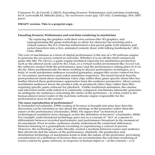 Encoding liveness: Performance and real-time rendering in machinima