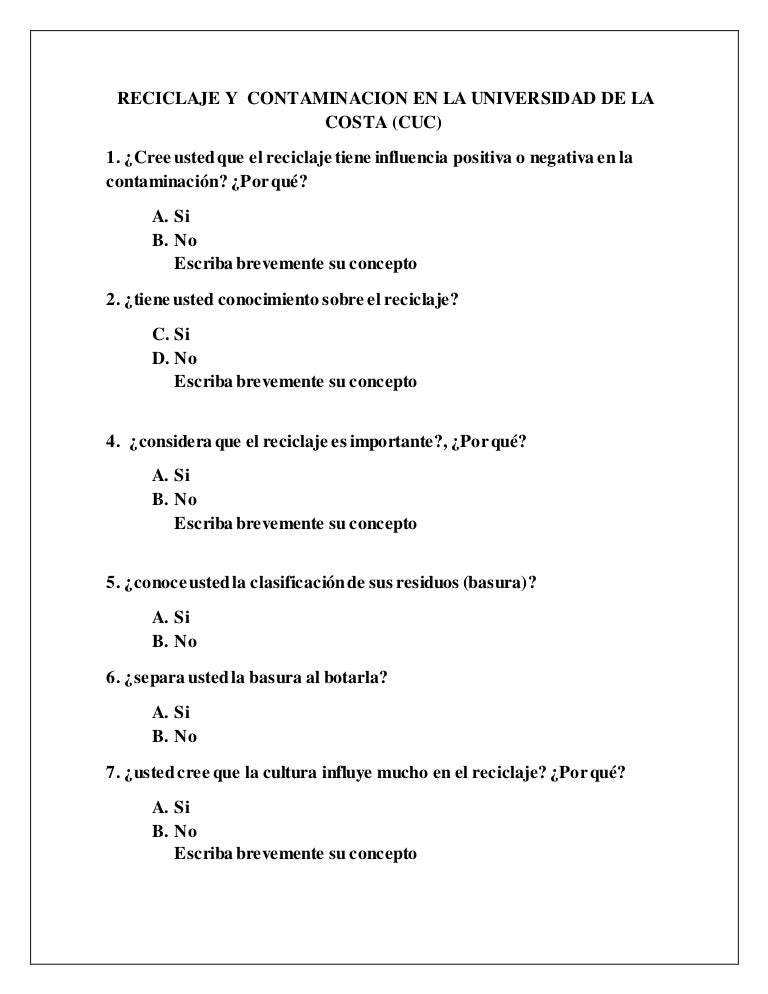 Encuesta Sobre El Reciclaje Y La Contaminacion En La Universidad De L